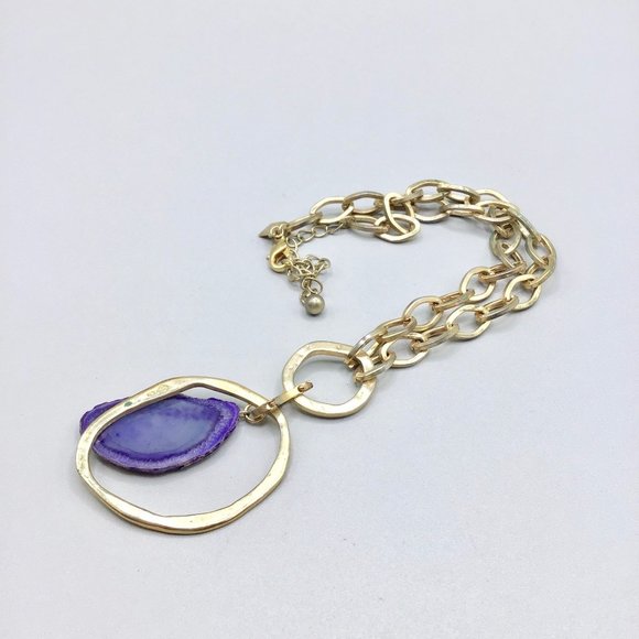 Tori Spelling 80s Necklace Gold Tone Chain Purple Stone Slab Removable Pendant - Picture 3 of 16